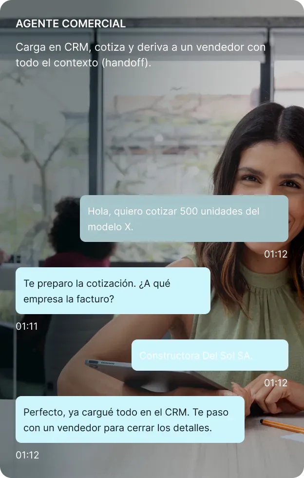 Sales agent quoting 500 units and handing off to a seller with full CRM context