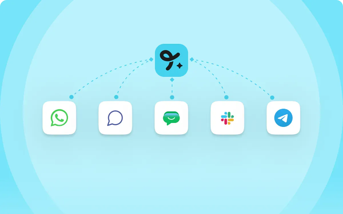 WhatsApp, web chat, Google Chat, Slack and Telegram connected to TukiAssistant