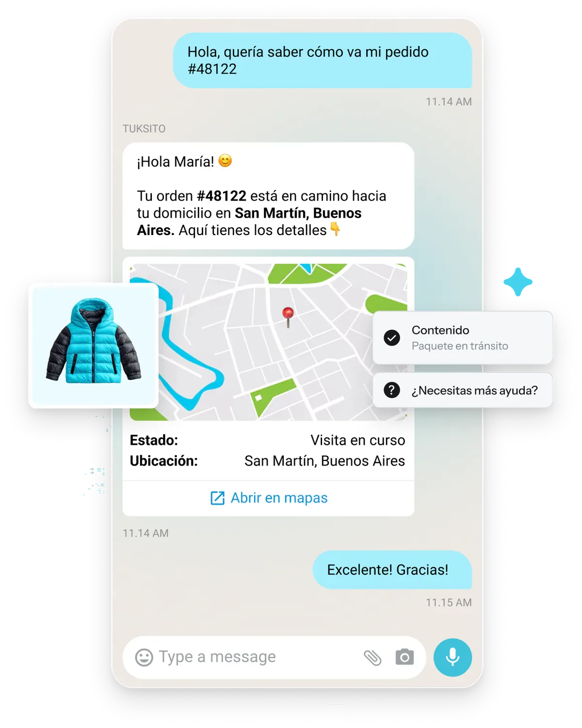 TukiAssistant tracking an order in a chat conversation with a live map and delivery status